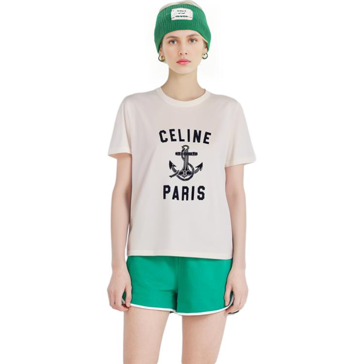 Purchase (W) CELINE SS23 Kaos Lengan Pendek Putih dengan Cetak Huruf. 2X80D671Q-01MA