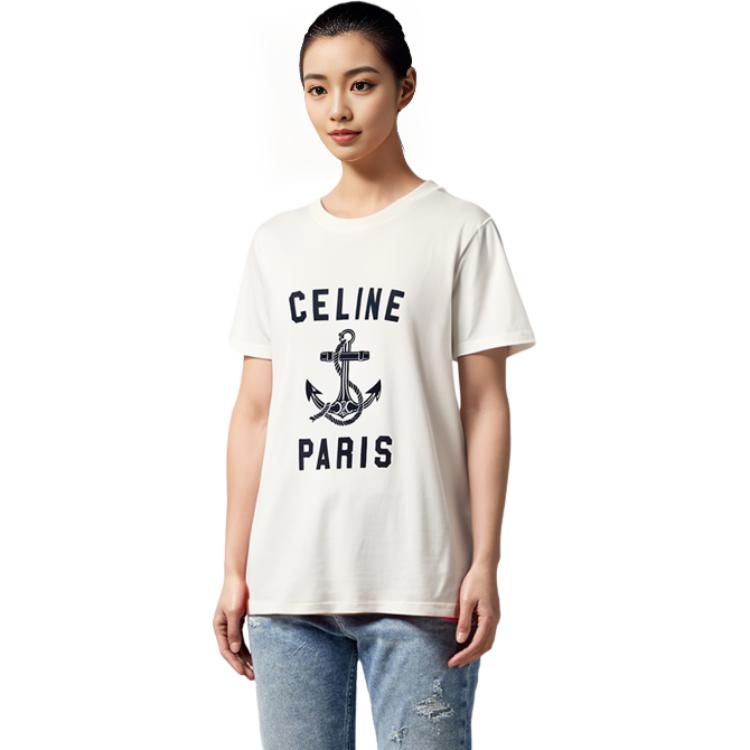 Sizing (W) CELINE SS23 Kaos Lengan Pendek Putih dengan Cetak Huruf. 2X80D671Q-01MA