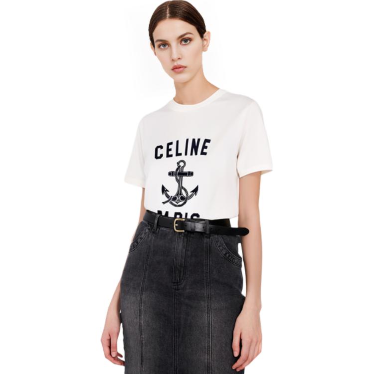 Cheap (W) CELINE SS23 Kaos Lengan Pendek Putih dengan Cetak Huruf. 2X80D671Q-01MA