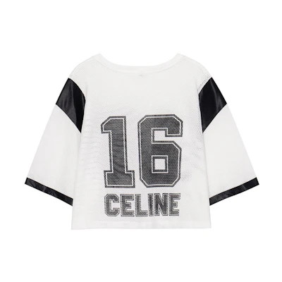 (Women) CELINE SS23 White Mesh Knit Monogram Print Crop T-Shirt. 2X94D785T-01OB