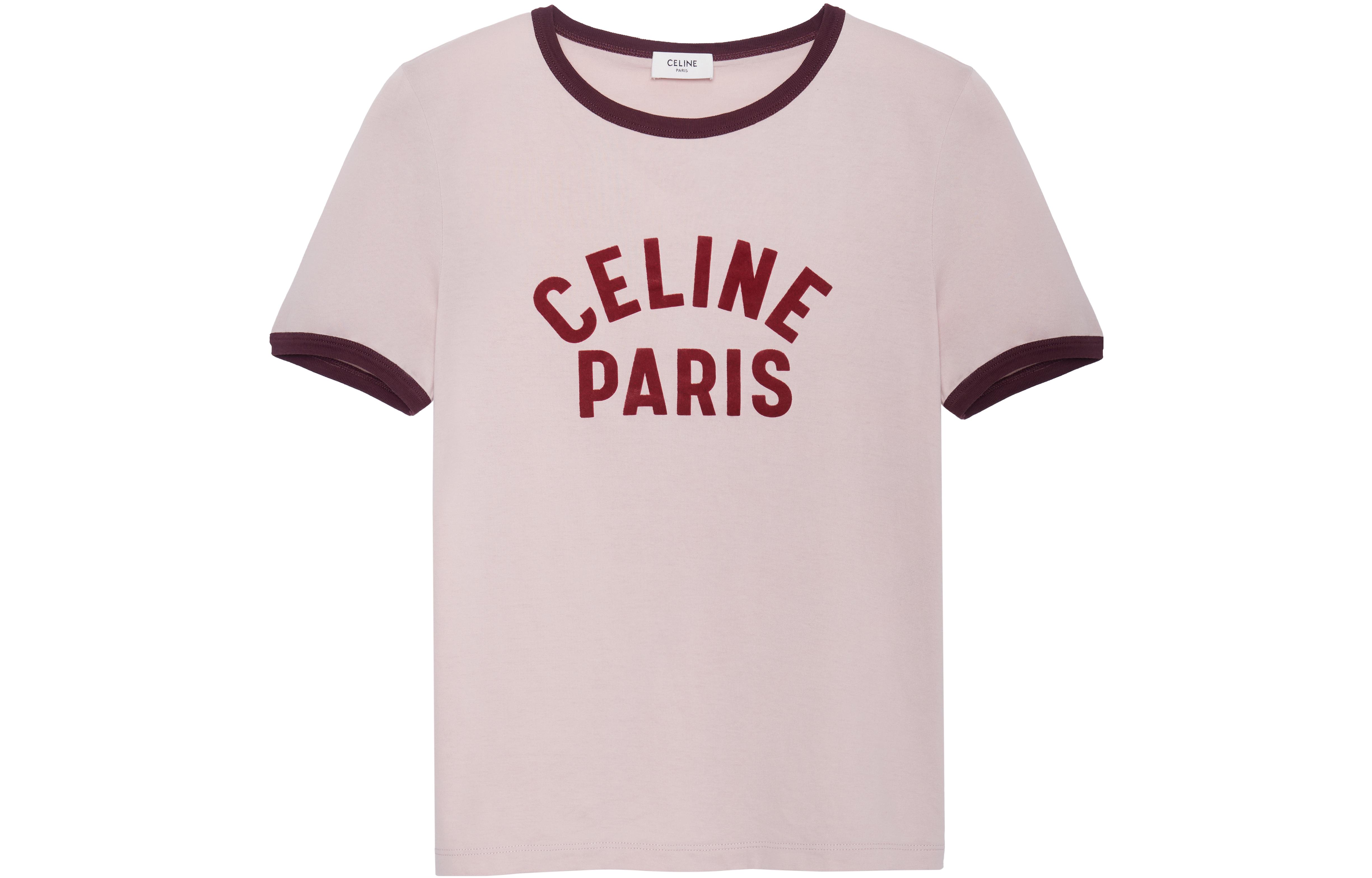 (Women) CELINE SS23 Paris Logo Print Pink Cotton Crewneck Short Sleeve T-Shirt . 2X855671Q-24PN