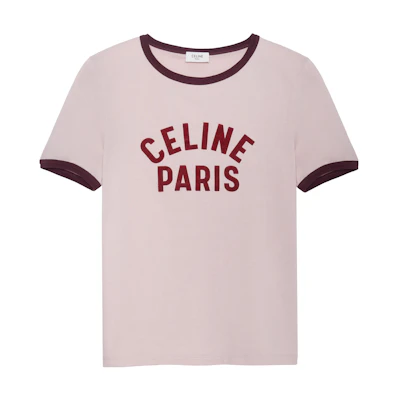 (Women) CELINE SS23 Paris Logo Print Pink Cotton Crewneck Short Sleeve T-Shirt . 2X855671Q-24PN