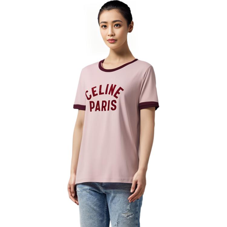 Sizing (W) Celine Camiseta Rosa Algodón Logo París SS23 Manga Corta Cuello Redondo. 2X855671Q-24PN