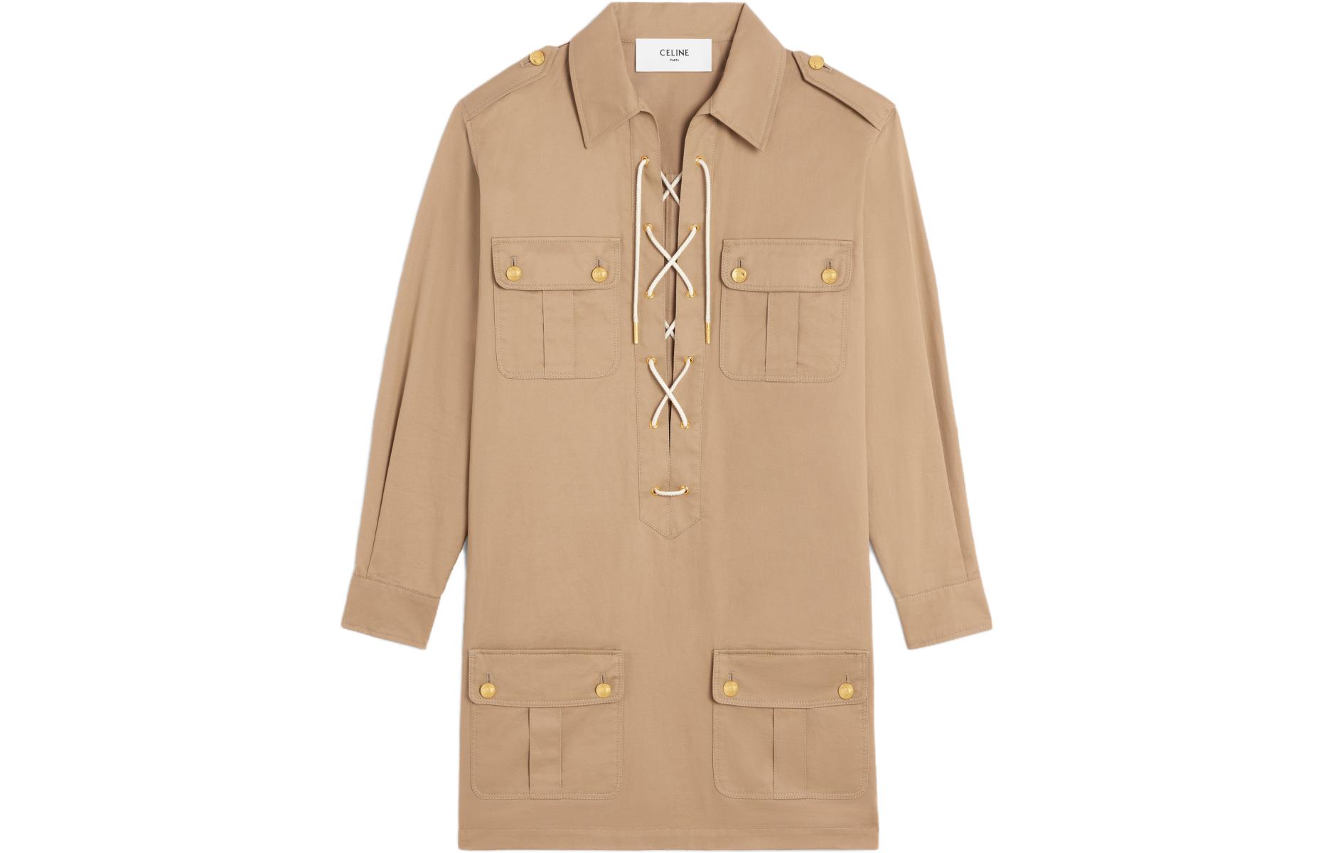 Order (W) Vestido largo con cordones y bolsillos CELINE SS23 para mujer color caqui. 2Z490219I-03CD