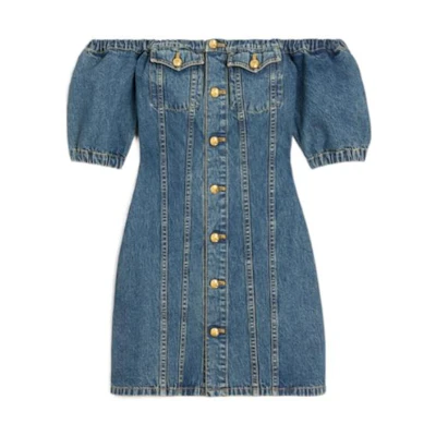 (Women) CELINE SS23 Solid Off-Shoulder Button-Up Denim Blue Dress for Women 2U119459N-07UO