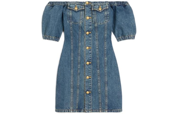 Order (W) CELINE SS23 Gaun Denim Off-Shoulder Kancing Biru Wanita. 2U119459N-07UO