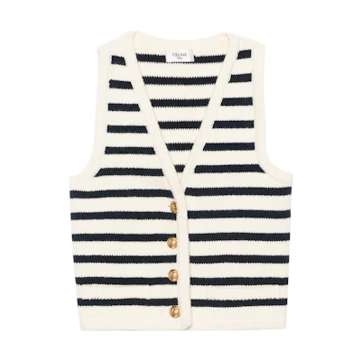 (Women) CELINE SS23 Striped V-Neck Straight-Cut Vest Women’s Cream Color. 2AJ72570P-01CB