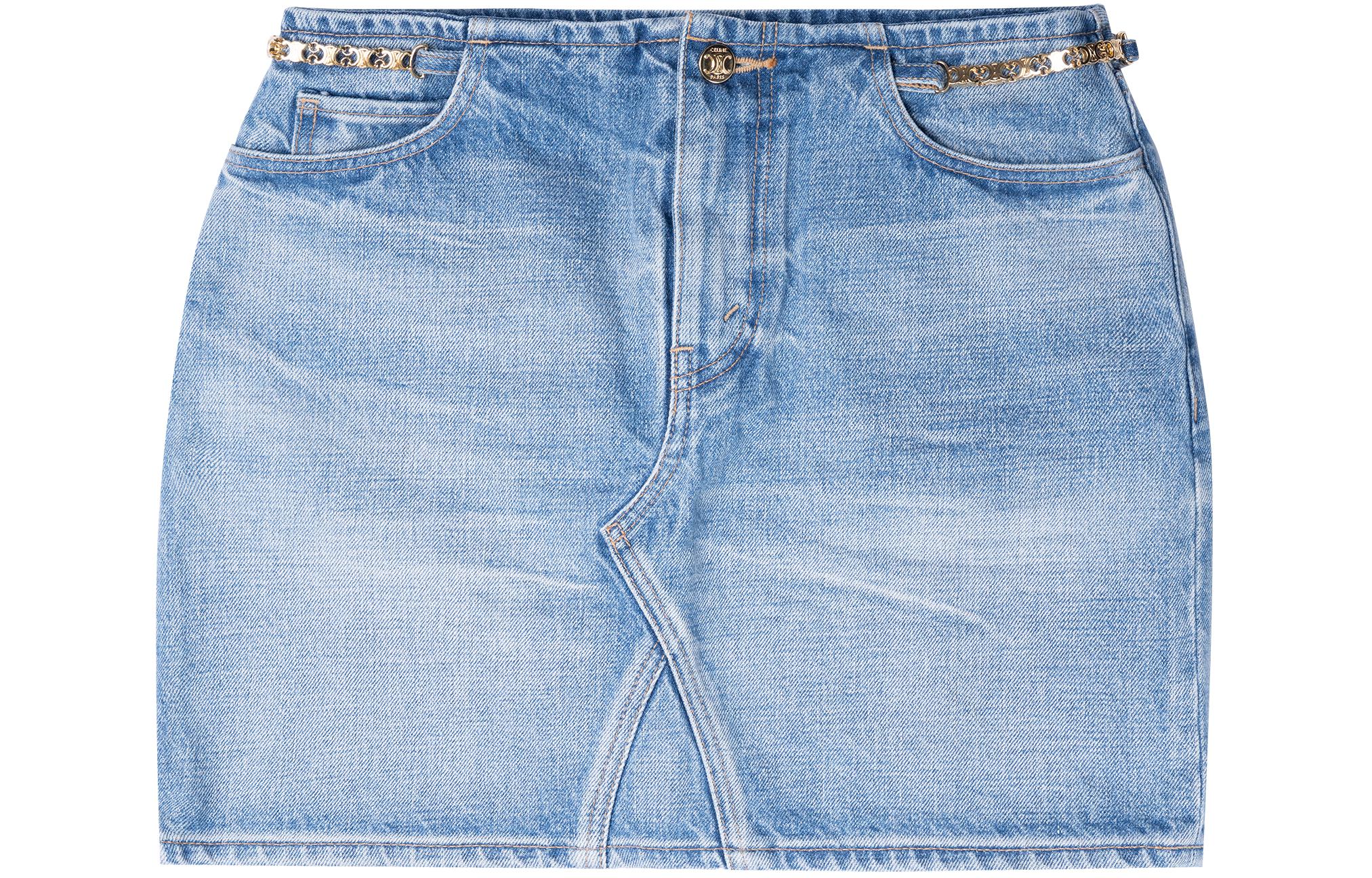 (Women) CELINE SS23 Tennis Washed Chain High-Waist Denim Skirt Women Blue 2S238206T-08PI