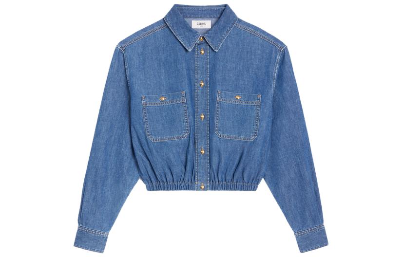 (Women) CELINE SS23 Washed Denim Jacket Women’s Blue Long Sleeve Cropped Design 2T267362M-07UO