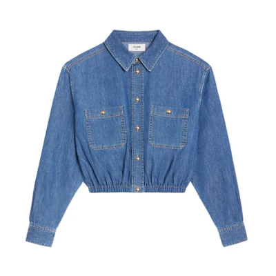 (Women) CELINE SS23 Washed Denim Jacket Women’s Blue Long Sleeve Cropped Design 2T267362M-07UO