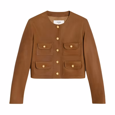 (Women) CELINE SS24 Beige Long Sleeve Leather Jacket with Multiple Pockets. 2F448265T-18NC