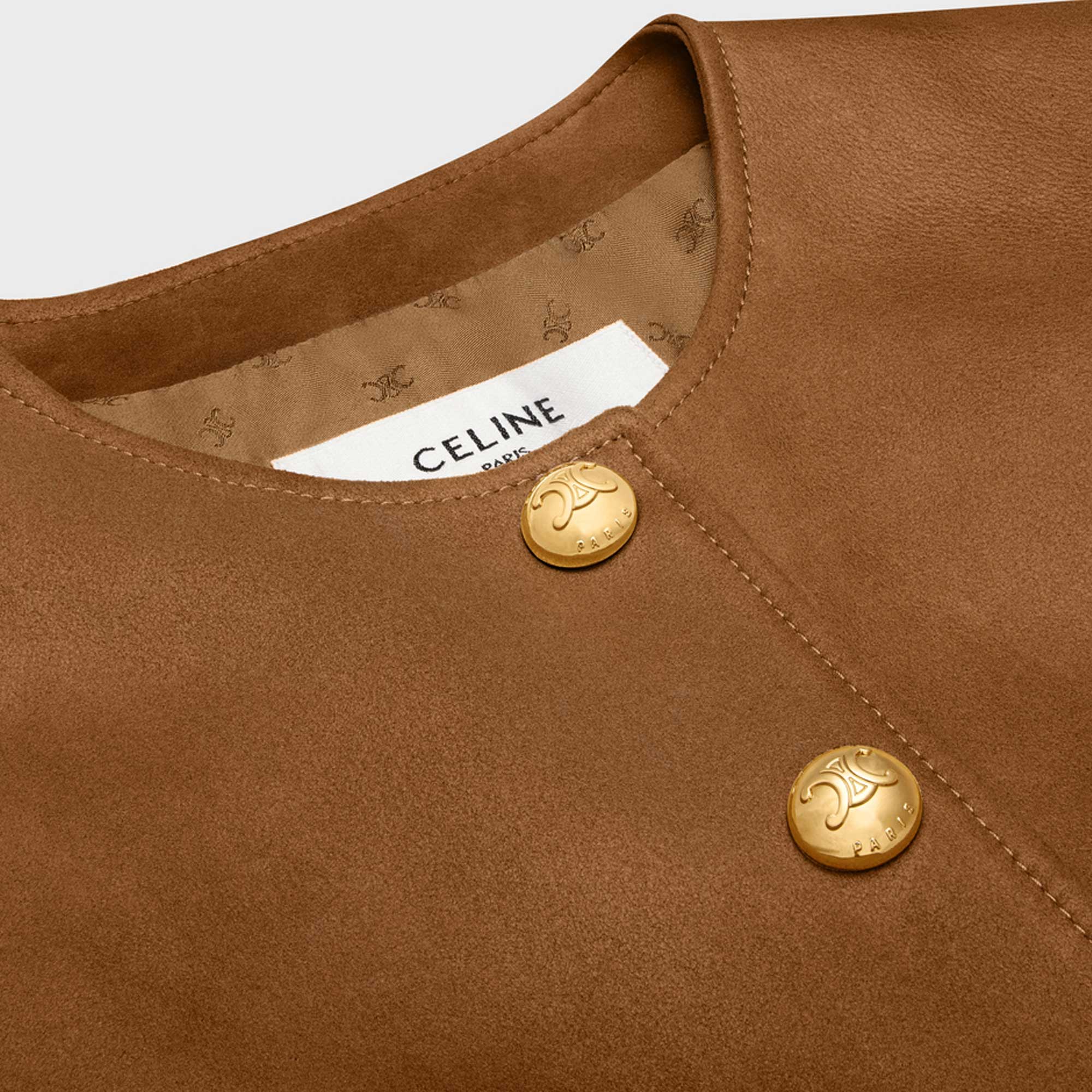 Shop (Women) CELINE SS24  Beige Long Sleeve Leather Jacket with Multiple Pockets. 2F448265T-18NC