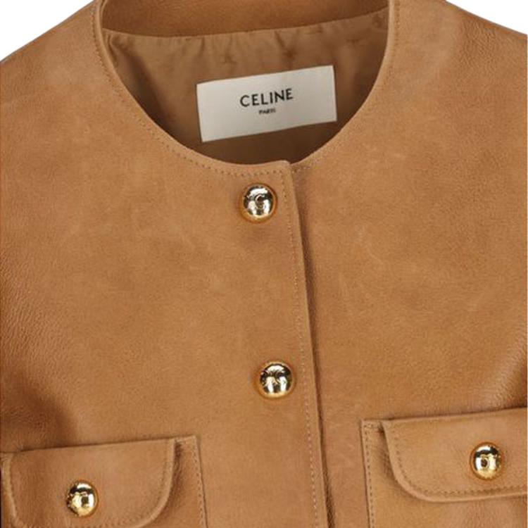 Purchase (Women) CELINE SS24  Beige Long Sleeve Leather Jacket with Multiple Pockets. 2F448265T-18NC