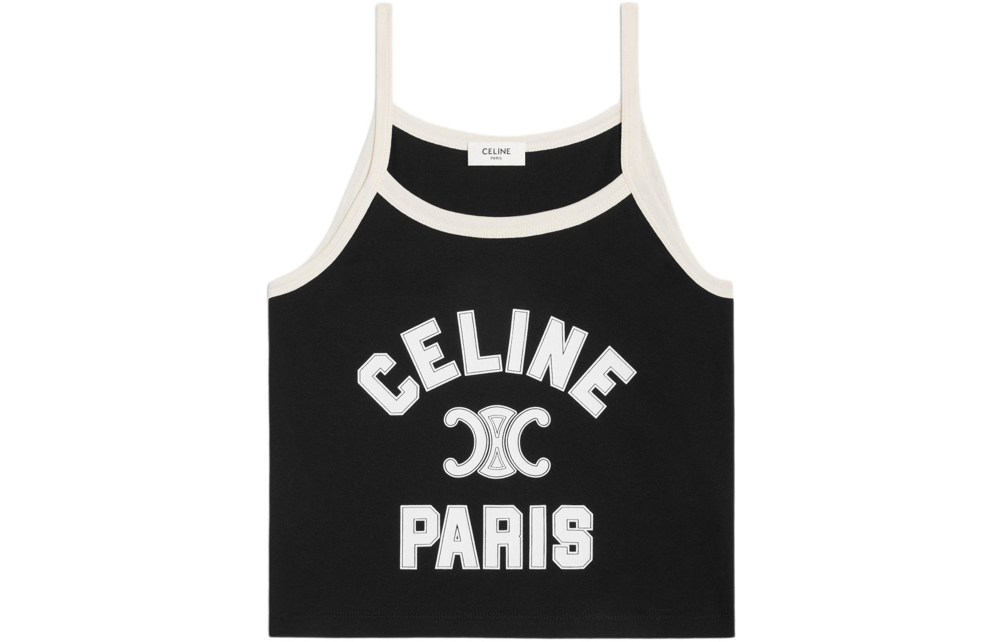 (Women) CELINE SS24  Black Letter Print Sleeveless Cropped Tank Top. 2X89D507Z-38CR