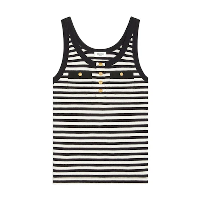 (Women) CELINE SS24 Black Striped Button Knit Vest. 2X47H136K-38AW