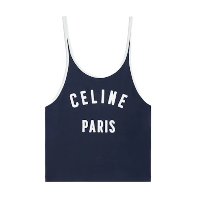 (Women) CELINE SS24 Blue Colorblock Logo Print Sleeveless Top. 2X73J507Z-07OW