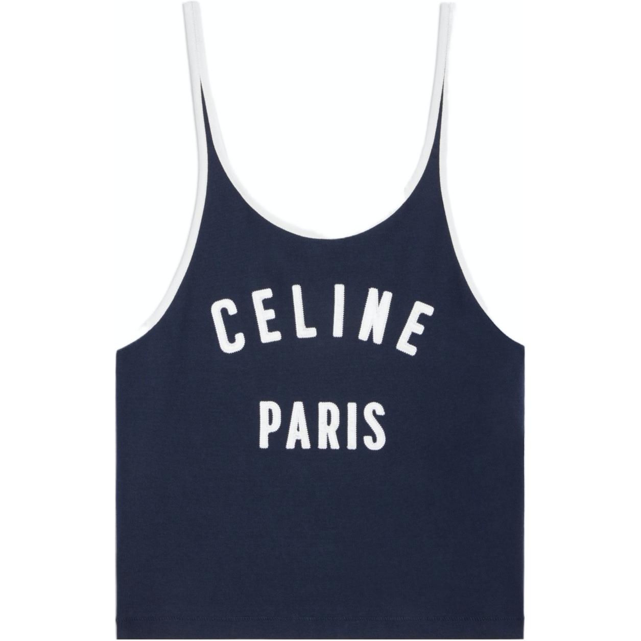 Order (Women) CELINE SS24  Blue Colorblock Logo Print Sleeveless Top. 2X73J507Z-07OW