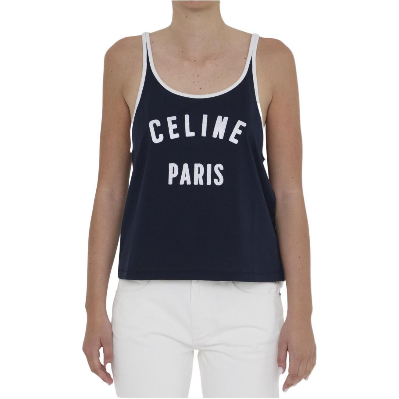 Shop (Women) CELINE SS24  Blue Colorblock Logo Print Sleeveless Top. 2X73J507Z-07OW