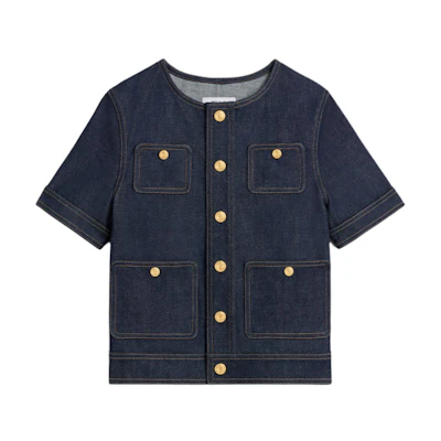 (Women) CELINE SS24 Blue Short-Sleeve Denim Jacket with Single Button. 2Q950224Z-07IN