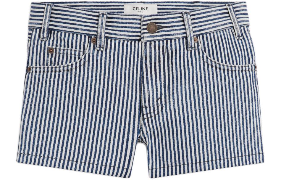 (Women) CELINE SS24  Blue Striped Colorblock Print Casual Shorts with Zipper Pocket 2N28B782X-07DU
