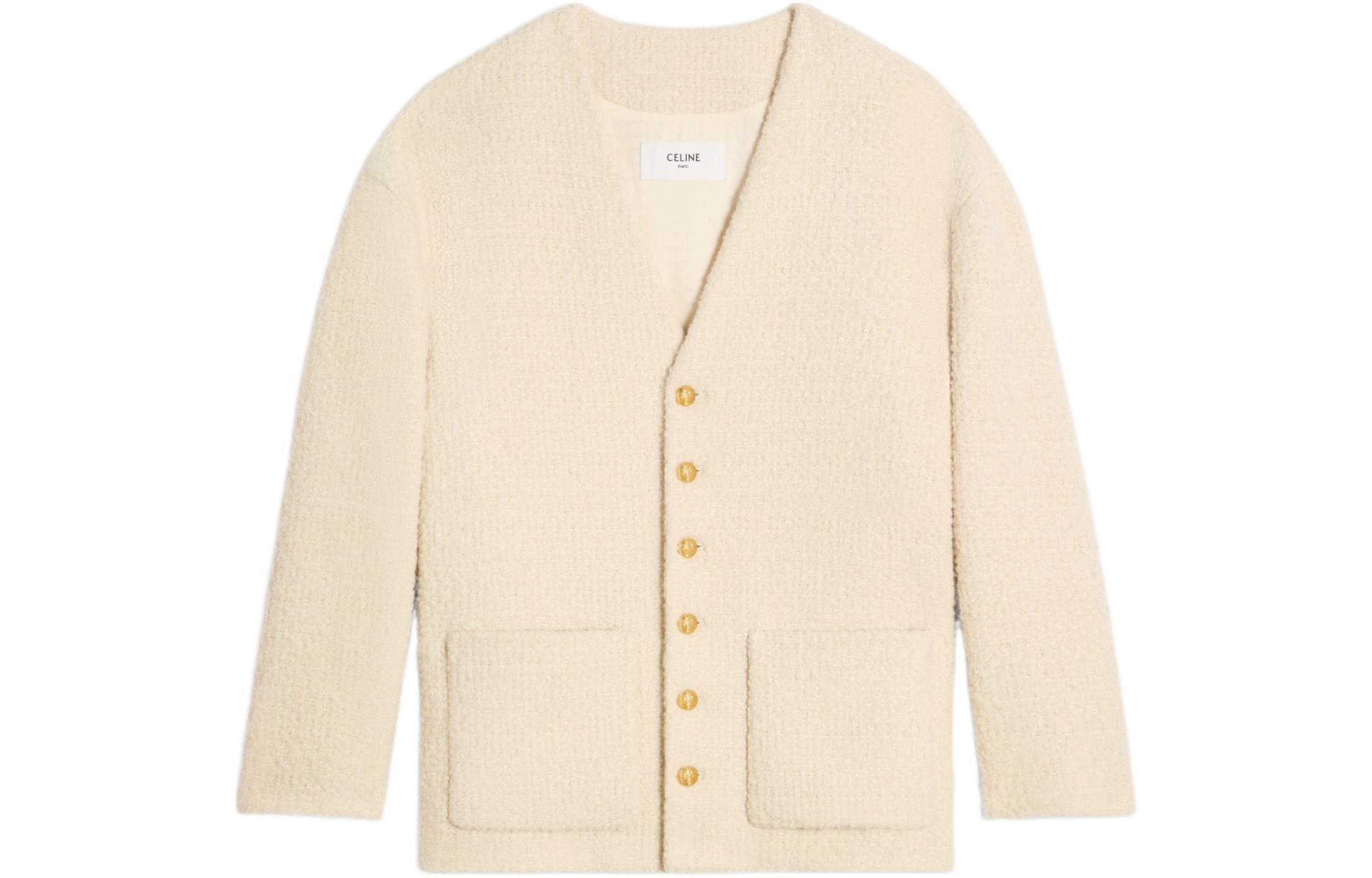 (Women) CELINE SS24  Ivory V-Neck Button Long Sleeve Jacket Coat. 2V39J593V-97IV