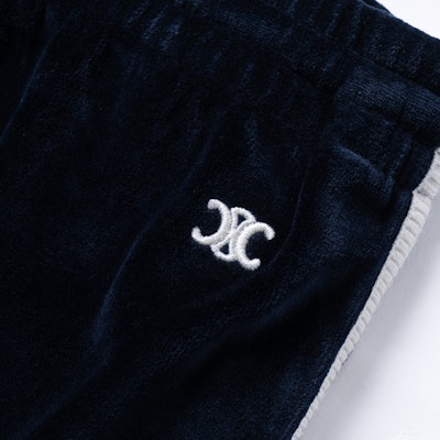 (Women) CELINE SS24 Low-Waist Velvet Logo Embroidered Mini Shorts - Midnight Blue 2Z558748Q-07RC Purchase (Women) CELINE SS24 Low-Waist Velvet Logo Embroidered Mini Shorts - Midnight Blue 2Z558748Q-07RC