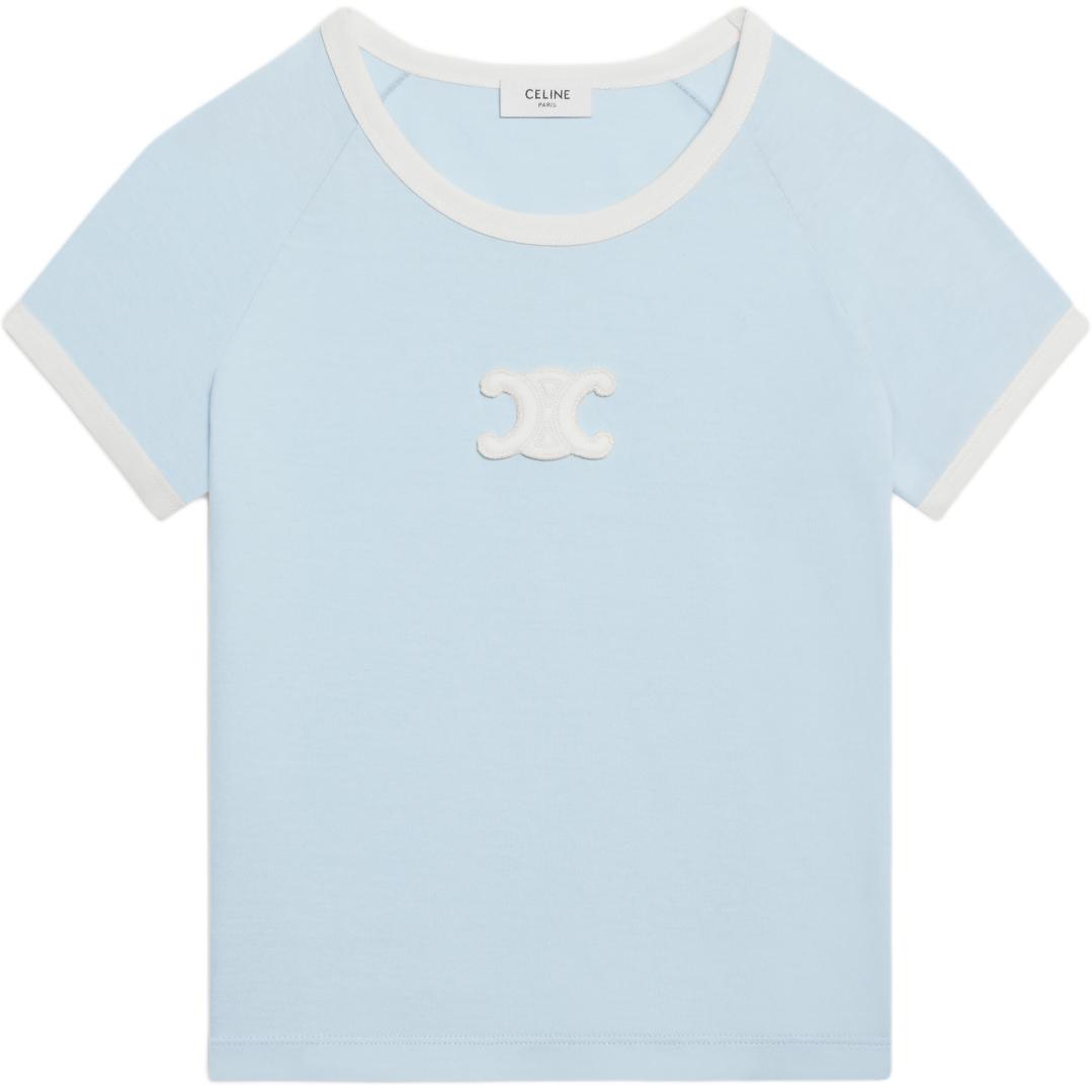 (Women) CELINE SS24  Short-Sleeve Fitted Tee with Contrast Logo Patch in Blue. 2X16O507Z-07HI