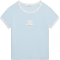(Women) CELINE SS24 Short-Sleeve Fitted Tee with Contrast Logo Patch in Blue. 2X16O507Z-07HI (Women) CELINE SS24 Short-Sleeve Fitted Tee with Contrast Logo Patch in Blue. 2X16O507Z-07HI