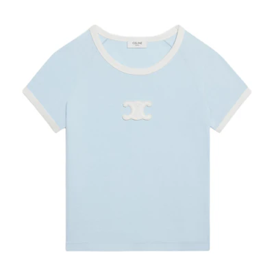 (Women) CELINE SS24 Short-Sleeve Fitted Tee with Contrast Logo Patch in Blue. 2X16O507Z-07HI
