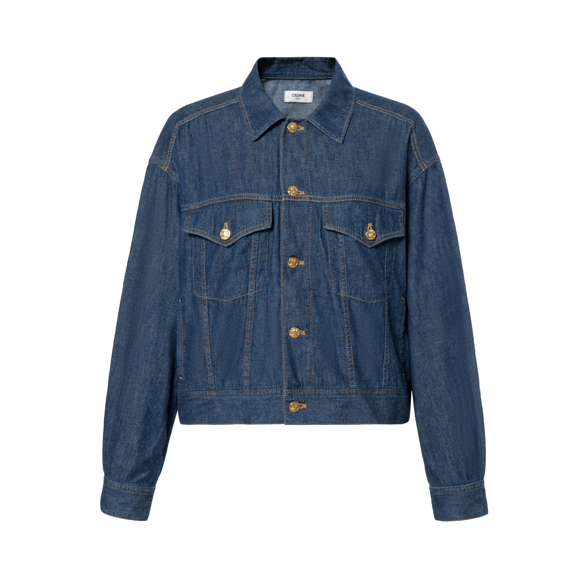 (Women) CELINE SS24  Washed Blue Denim Jacket Loose Fit Cropped Long Sleeve 2Q831361M-08DO