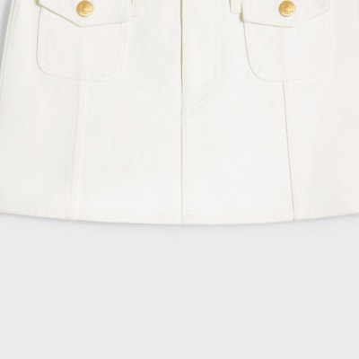 (Women) CELINE SS24 White Low-Waist Denim Mini Skirt with Zipper Pocket. 2S330360W-01OQ Details for (Women) CELINE SS24 White Low-Waist Denim Mini Skirt with Zipper Pocket. 2S330360W-01OQ