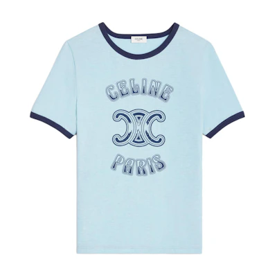 (Women) CELINE SS24 Logo Print Crewneck T-Shirt Washed Blue Gray 2X97IA258-07YY
