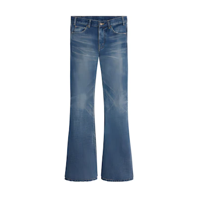(Women) CELINE SS24 Low-Rise Flare Washed Denim Jeans with Raw Hem for Women Blue. 2N06B365M-07DU