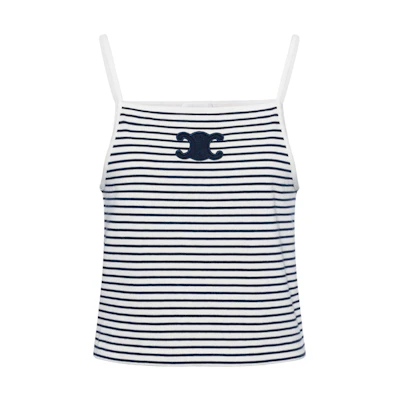 (Women) CELINE SS24 Striped Logo Patch Knit Tank Top Women’s Fluorescent White. 2X36N528Z-01MA