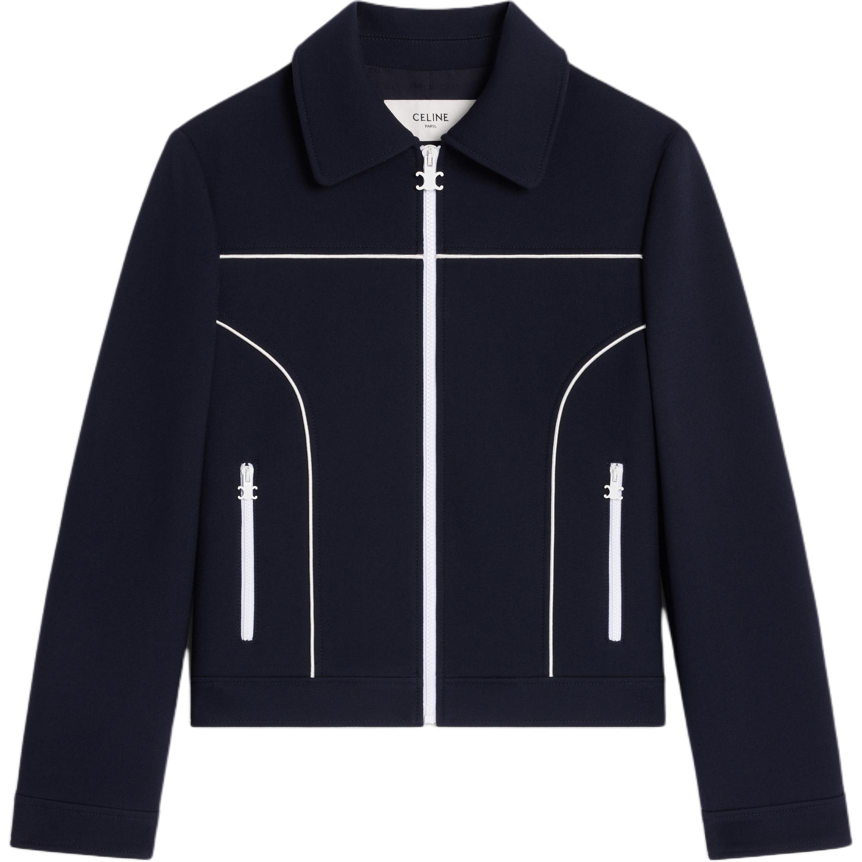 (Women) CELINE SS25  Navy Blue Contrast Pleated Zip Long Sleeve Jacket. 2V27V649Y-07MR