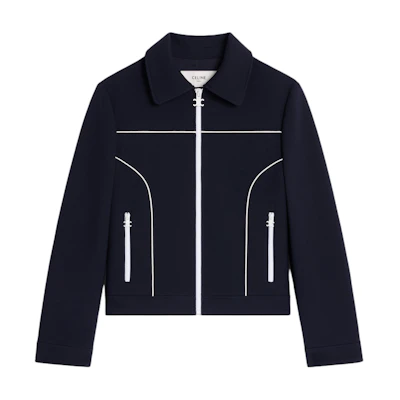(Women) CELINE SS25 Navy Blue Contrast Pleated Zip Long Sleeve Jacket. 2V27V649Y-07MR
