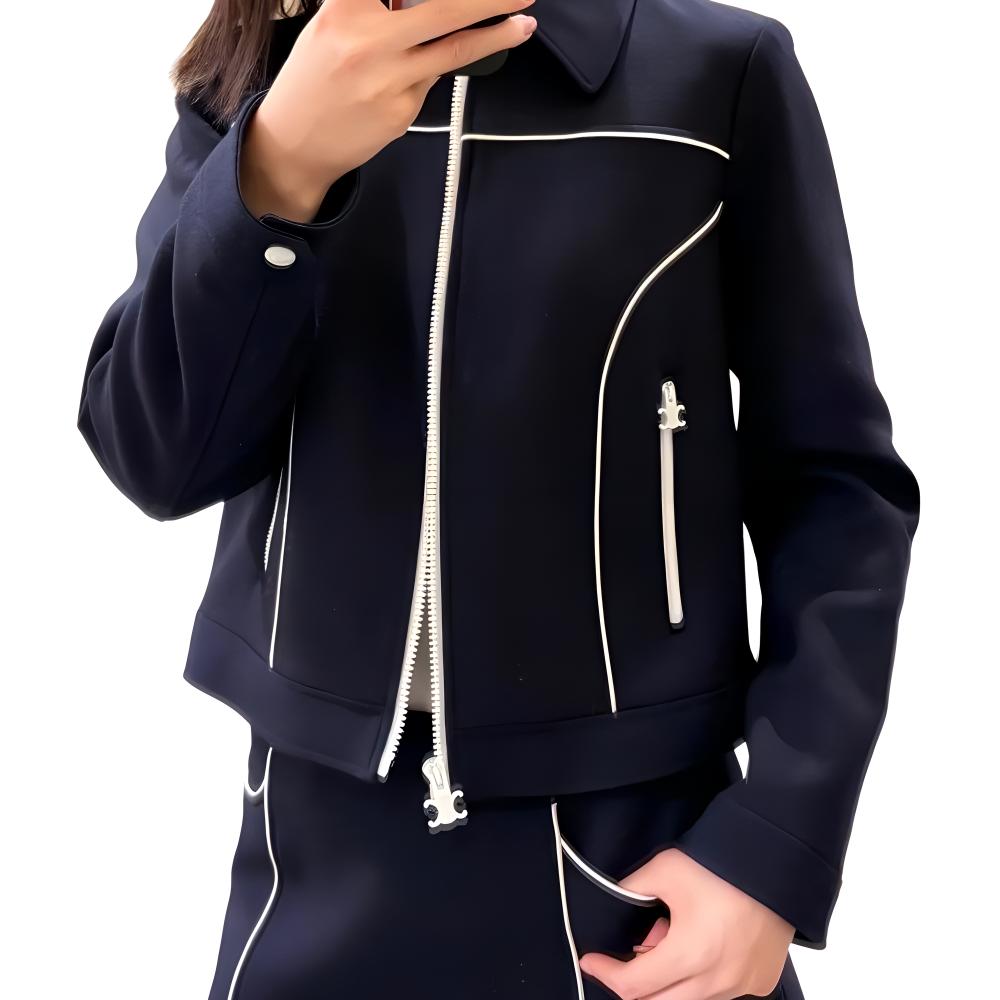 (Women) CELINE SS25  Navy Blue Contrast Pleated Zip Long Sleeve Jacket. 2V27V649Y-07MR 圖 5