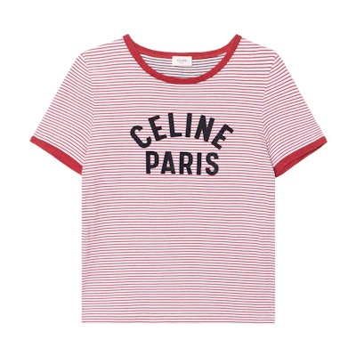 (Women) CELINE Striped Letter Print Pink Short Sleeve T-Shirt SS22 Tee 2X855495J-01RA