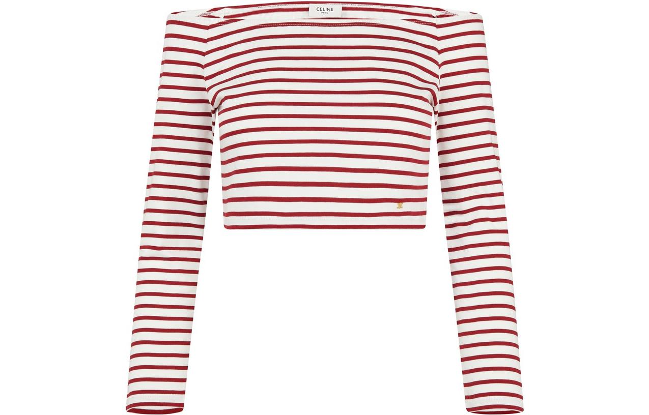 (Women) CELINE Striped Off-Shoulder Knit Long Sleeve Tee  SS22 - Burgundy. 2X95A314P