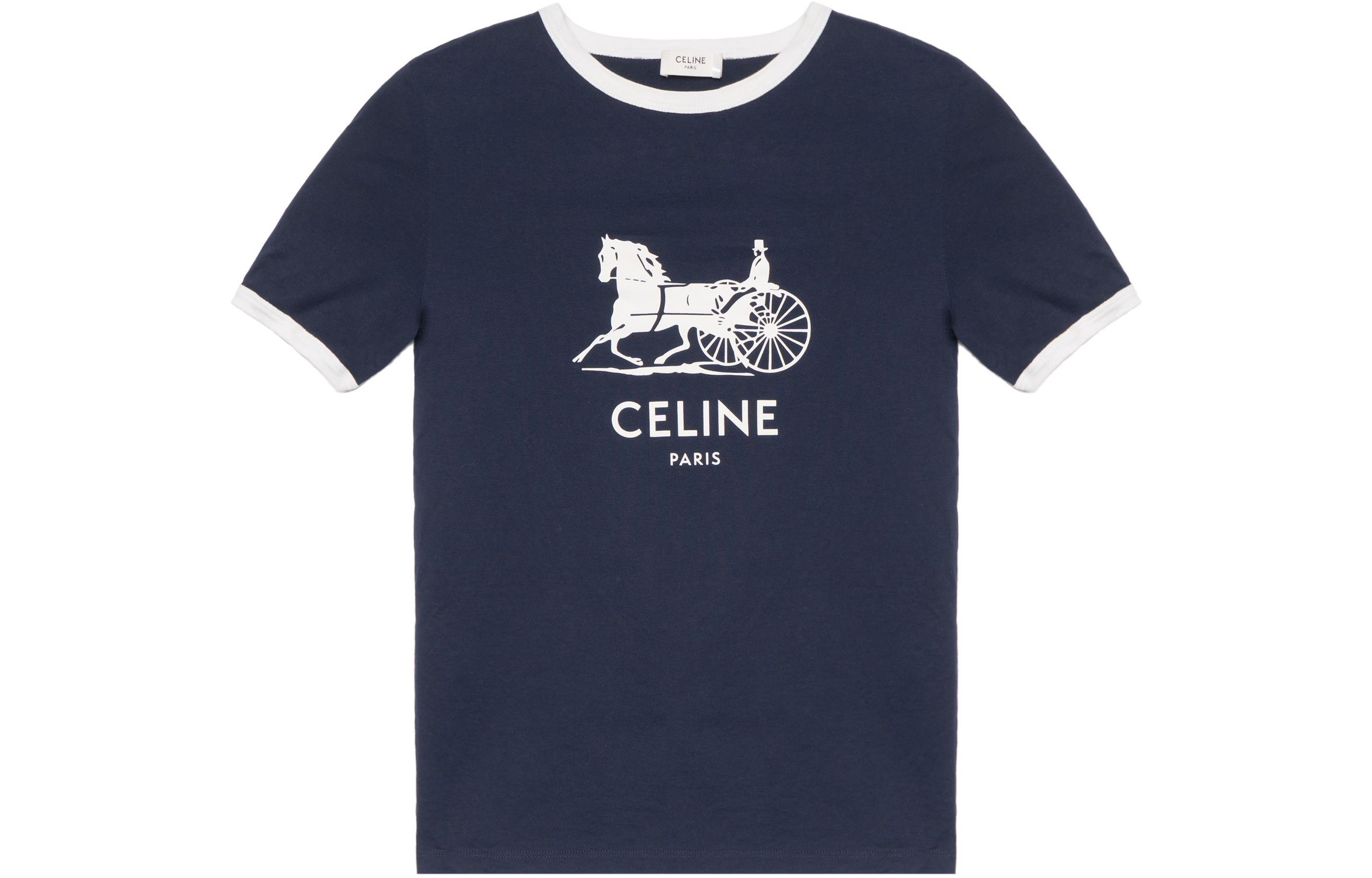 (Women) CELINE T-Shirt Blue with Carriage Logo Print Short Sleeve Regular Fit 2X575501F-07OW