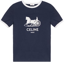 (Women) CELINE T-Shirt Blue with Carriage Logo Print Short Sleeve Regular Fit 2X575501F-07OW (Women) CELINE T-Shirt Blue with Carriage Logo Print Short Sleeve Regular Fit 2X575501F-07OW