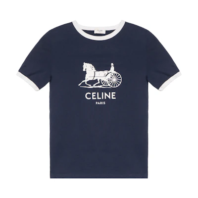 (Women) CELINE T-Shirt Blue with Carriage Logo Print Short Sleeve Regular Fit 2X575501F-07OW
