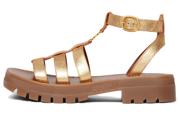 (W) CELINE Triomphe Sandal 'Metallic Gold Block Heel'