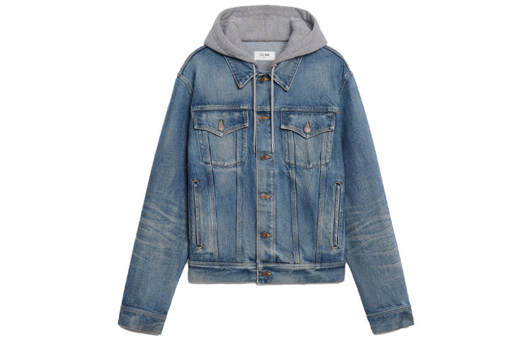 (Women) CELINE Washed Blue Patchwork Denim Hooded Jacket. 2Q374930F-07UW