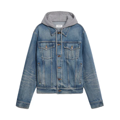 (Women) CELINE Washed Blue Patchwork Denim Hooded Jacket. 2Q374930F-07UW