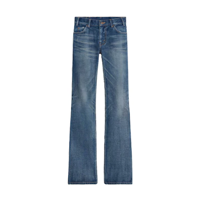 (Women) CELINE Washed Flared Denim Jeans for Women - Dark Blue with Zip Pockets. 2N42A365M-07DU