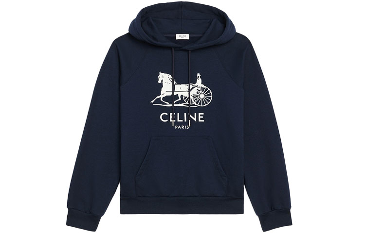(Women) CELINE Women’s Blue Hoodie with Pairs Letter and Carriage Print. 2Y428450I-07OW