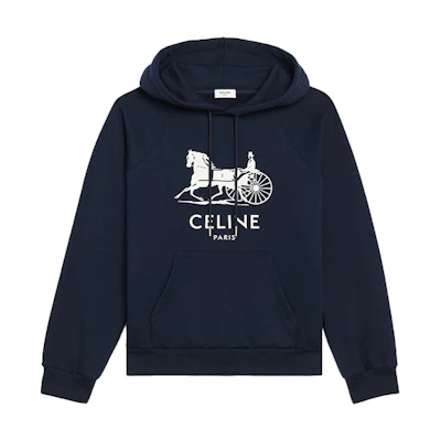 (Women) CELINE Women’s Blue Hoodie with Pairs Letter and Carriage Print. 2Y428450I-07OW