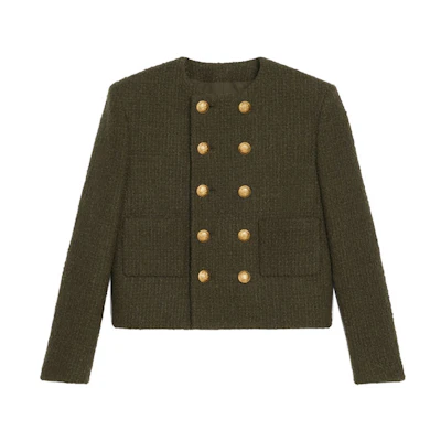(Women) CELINE Women’s FW21 Loop Tweed Hunting Jacket in Dark Khaki. 2V83C764L-15DK