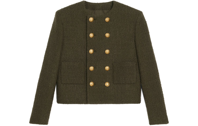 Order (W) Jaket Pemburuan Tweed Gelung Wanita CELINE FW21 dalam Warna Khaki Gelap. 2V83C764L-15DK